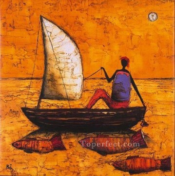  peces Lienzo - mujer pescadora y peces en textura amarilla